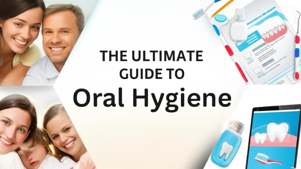 Bright cover: Smiling family, dental tools, and a tablet of tips for trusted oral hygiene guidance.