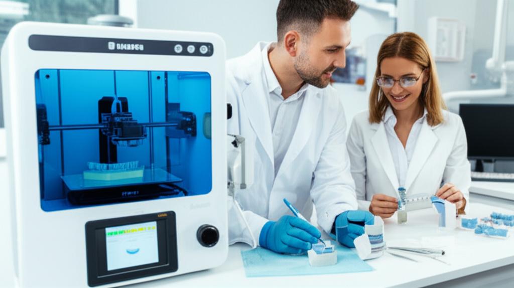 A modern dental clinic with a 3D printer creating precise cosmetic restorations, showcasing innovation.