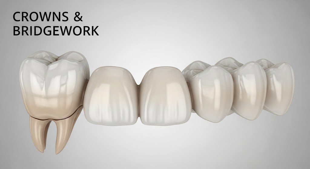 Crowns and Bridgework Purpose is, Crowns restore heavily damaged or decayed teeth, while bridges replace one or more missing teeth.