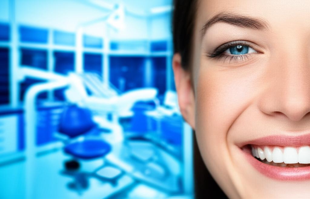 A confident adult smiles brightly, showcasing transformed teeth in a modern dental clinic setting.