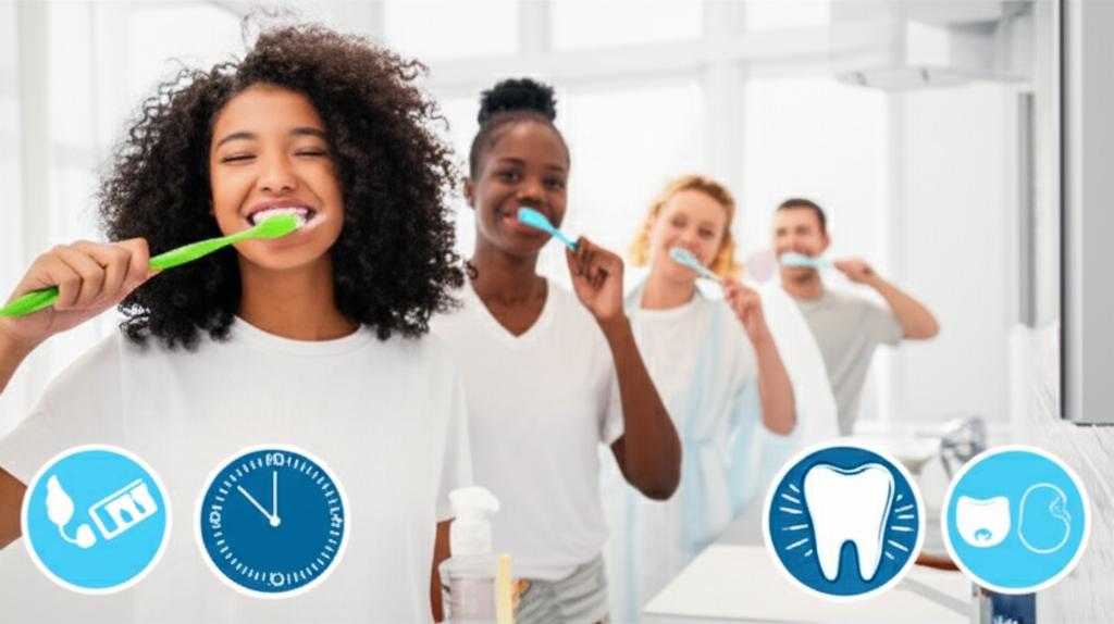 Diverse group brushing teeth in a bright bathroom, promoting good oral hygiene and techniques.