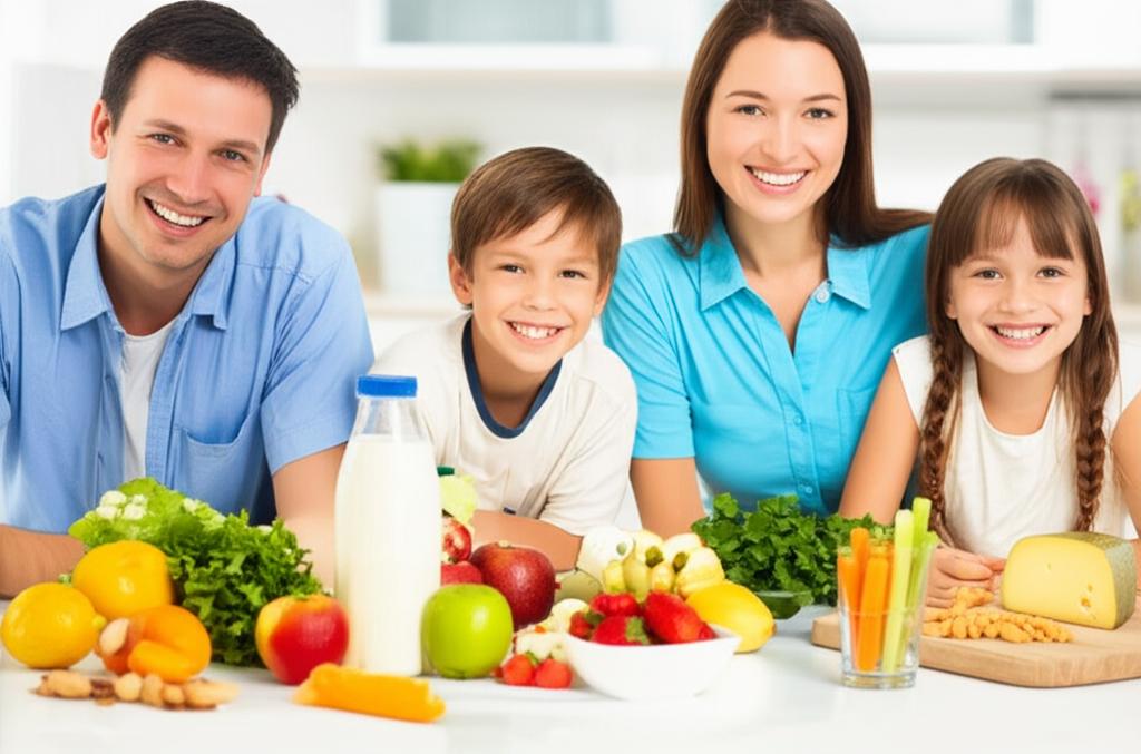 A vibrant family shares healthy foods in a bright kitchen, showcasing diet's link to beautiful smiles.