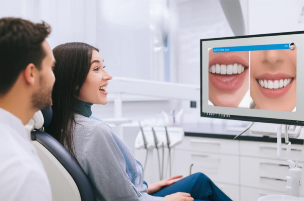Excited adult in a modern dental office views digital smile transformation, conveying hope and confidence.