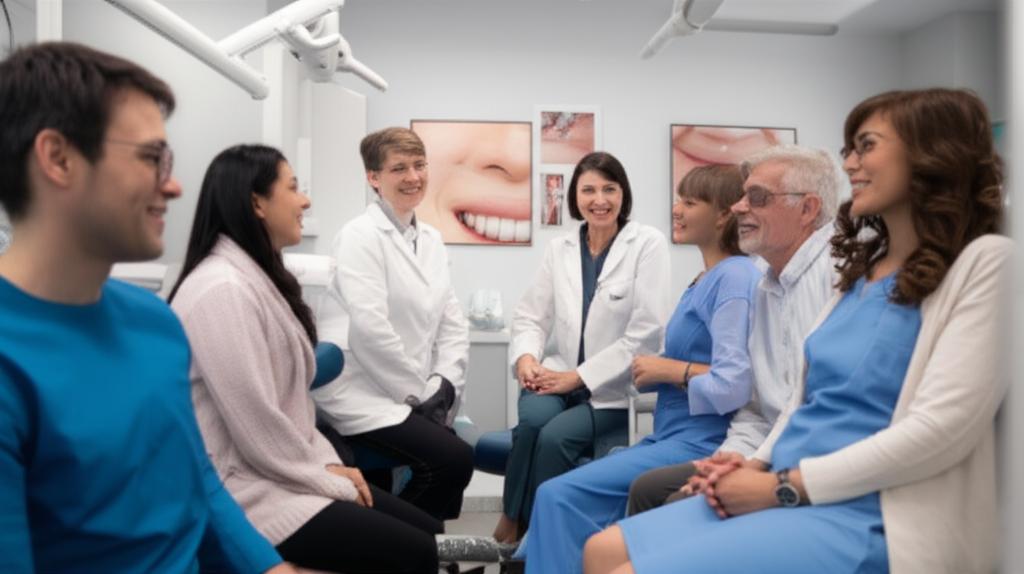 A warm dental clinic scene with diverse adults exploring minimally invasive smile enhancements.