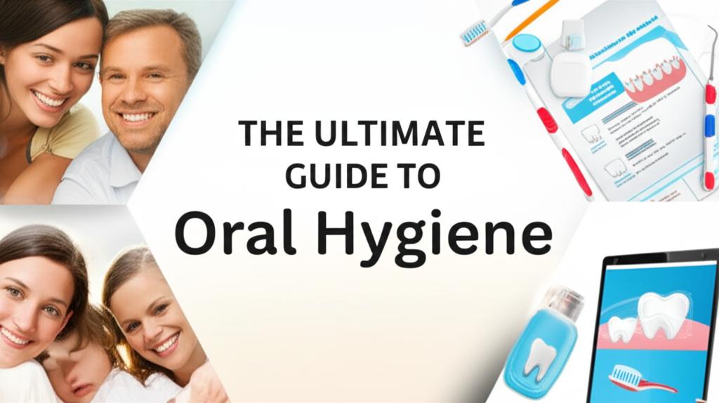 Bright cover: Smiling family, dental tools, and a tablet of tips for trusted oral hygiene guidance.