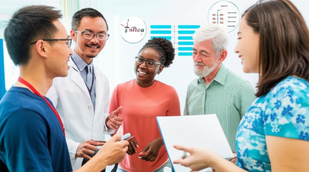 A diverse group discusses saliva's role in oral health in a welcoming dental office setting.