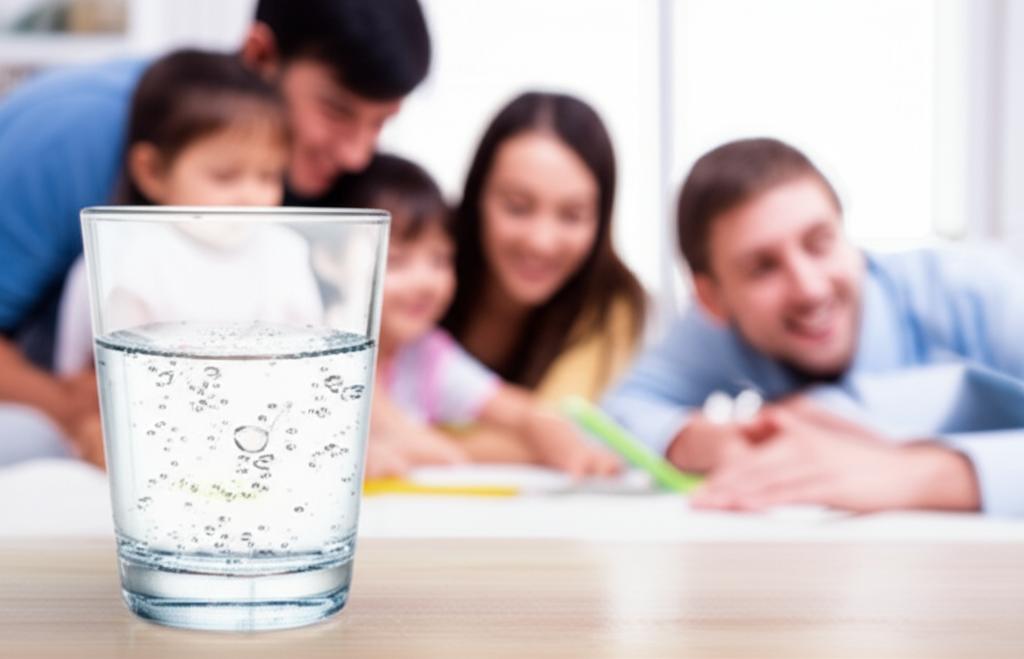 A sparkling glass of water in a warm, inviting scene showcasing family health education and trust.