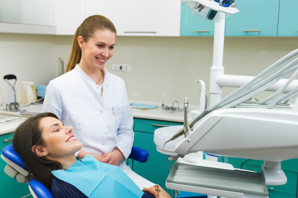 A warm dental office scene with a friendly professional, cozy chair, and calming colors to ease anxiety.